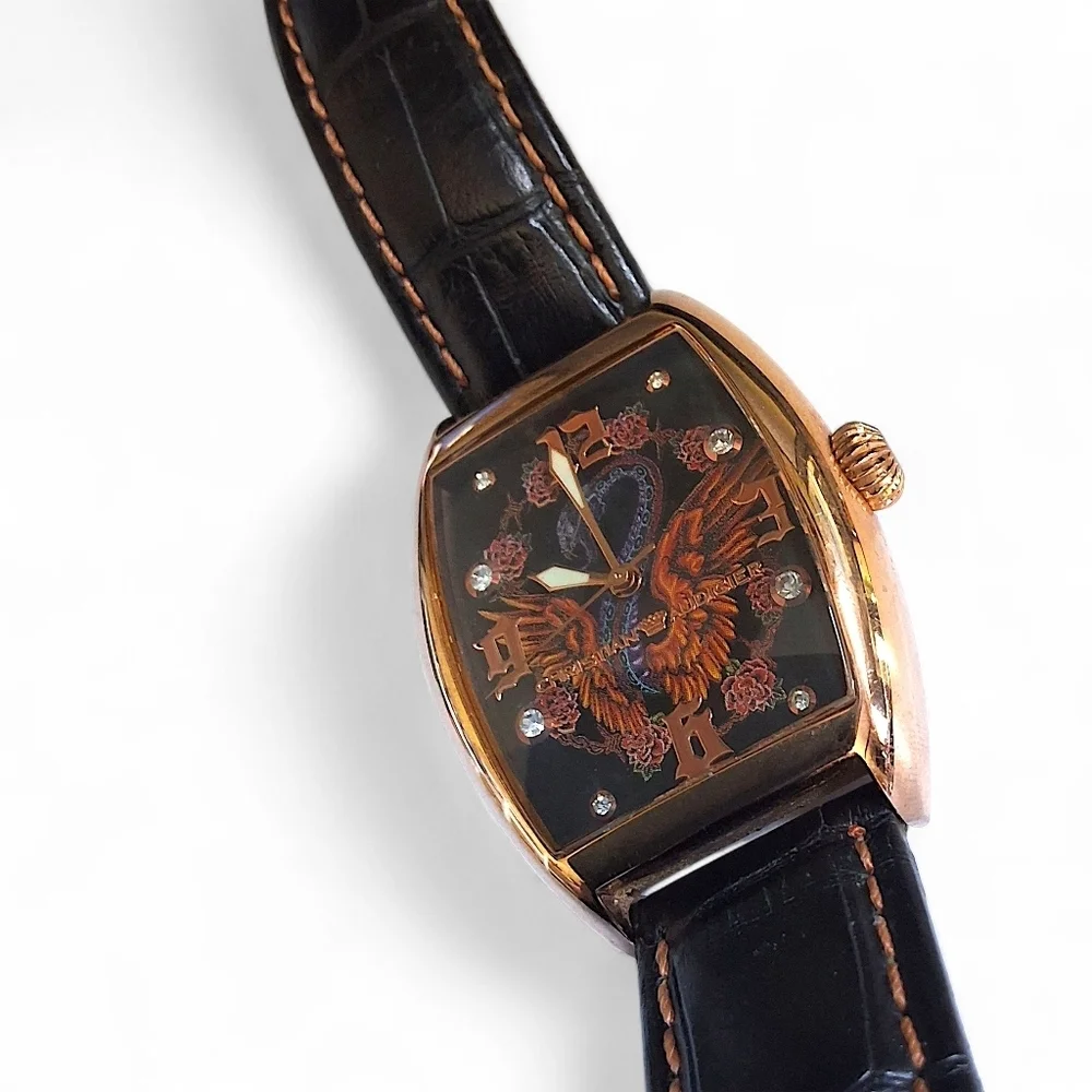 Christian Audigier Watch INC-310 Rose Gold Tattoo Dial Black Leather Band